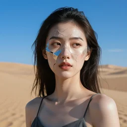 a portrait of a beautiful woman with a shattered face in desert, blue color scheme, trending on artstation, cgsociety