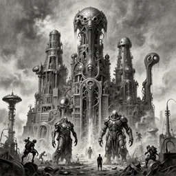 b & w inks of 4 character, tiered flayed god machines, cluster tiered heirarchy, battle chaos, mainframe hydrocracking battles, medical chromed, dystopian, by wayne d barlowe, h r giger, simon bisley & boris vallejo, enric torres, hyper realism, narrative light, muted colors, epic, hyper detailed, awe inspiring, award winning horror