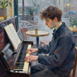 a person playing the piano in a cafe on a rainy day, impressionist art