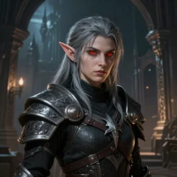 A fantasy comic book style portrait painting of a grey elf with red eyes as a warrior in a atmospheric dark fortress, unreal 5, DAZ, hyperrealistic, octane render, RPG portrait, ambient light, dynamic lighting