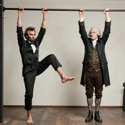 abraham lincoln touches his toes while george washington does chin - ups. lincoln is barefoot. washington is wearing boots