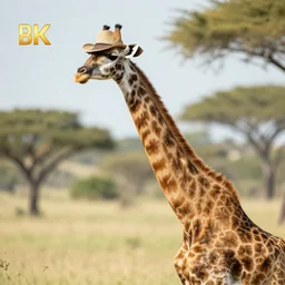 A full shot of a giraffe with a beautiful hat, 8k