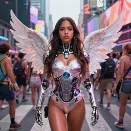 jj abrams movie still full body portrait of young woman jessica alba as an edc rave angel girl cyborg in a crowded packed times square intersection, octane render, anime, trending on artstation, unreal engine, volumetric lighting, concept art, sci - fi, photoreal, sweating, pouty face, looking at camera, symmetrical, epic shot,