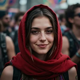 a ultra high resolution close - up of a beautiful young woman standing in crowd of psytrance music festival, looking down at the camera. her face is partially obscured by a red scarf, and she has a smiling expression. highly detailed face!!! the light is dim, and the colours are muted. kodak etkar 1 0 0