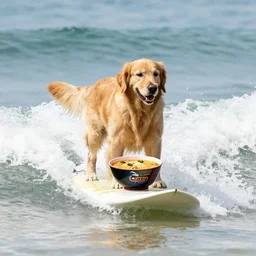 golden retriever surfboarding with a bowl of ramen