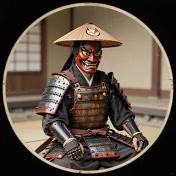 potrait of shinobi taken in 1 8 3 0, wearing a wooden hat, have a fox symbol on his hat, wearing a scary devil japanese mythology mask, wearing a heavy combination of iron and wooden armor, sit down in japanese way, kodak 1 0 0 0, photorealistic, scretch, grain, old, broken photo, old photo, nft style, in a circle