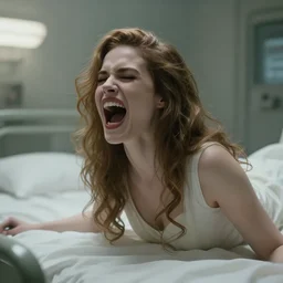 cinestill 5 0 d portrait of a beautiful dreamy woman by annie liebovitz, screaming on a bed of a dystopian mental hosptital room environment, detailed ambient, pale natural tonal glossy, hair intricate style, wearing white dress, elegant, highly detailed, soft foggy blur, artstation, sharp focus, head in focus,