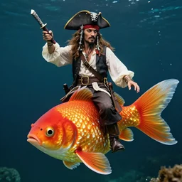 a pirate riding a giant goldfish, high quality photo