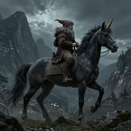 A dwarf riding on a dark and uncanny unicorn in the mountains, highly detailed, ambient lighting, mystic, rpg artwork