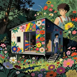 ( ( gediminas pranckevicius ) ) house by kengo kuma, art by syd mead, malevich and makoto shinkai, very coherent, sharp, colorful high contrast, dark shadows, hard lighting, floralpunk flower garden, inking etching screen print paper cutout collage