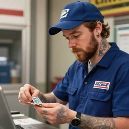 a closeup photorealistic illustration of post malone dressed for work as a postal clerk selling stamps. bright scene. fine detail. this 4 k hd image is trending on artstation, featured on behance, well - rendered, extra crisp, features intricate detail, epic composition and the style of unreal engine.