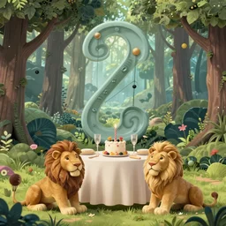 lions in front of birthday table in fairytale forest , huge scale, high detail, intricate by Axel Scheffler