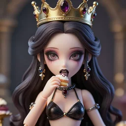 closeup face profile portrait of a tin toy fairytale goth princess wearing a crown eating cakes, bikini, depth of field, zeiss lens, detailed, symmetrical, centered, fashion photoshoot, by nicoletta ceccoli, mark ryden, lostfish, breathtaking, 8 k resolution, extremely detailed, beautiful, establishing shot, artistic, hyperrealistic, octane render