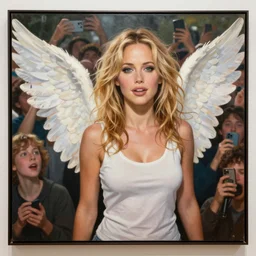 museal painting portrait of pamela anderson with angel wings in the crowd, funny, colors, hd,