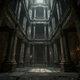 interior mazelike architecture from quake, lovecraftian, liminal space, moody lighting, unreal engine 5, hyper detailed, hyper realistic