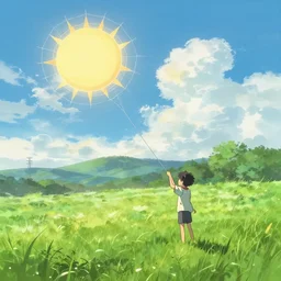 extreme wide shot of a summer landscape, with a boy holding on to a string that connects to a web that envelopes the sun. Digital art by Makoto shinkai and Rebecca Sugar and Alan Lee.