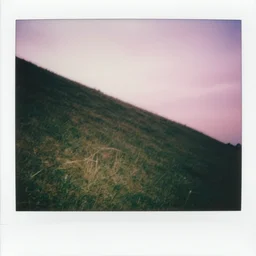 polaroid photo of a empty steep grass hill with no trees, flash photography, strange unnatural lighting, flash photography, uncanny pink sky, fish eye lense photograph