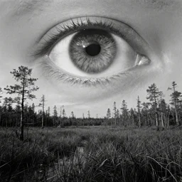 movie still by tarkovsky of a gigantic eye in the sky over a swamp landscape, cinestill 8 0 0 t 3 5 mm b & w, heavy grain, high quality, noir, natural textures, photorealistic, ambient occlusion, hd, ultra wide lens, anamorphic