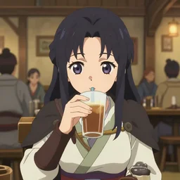 anime visual portrait of a female warrior drinking in a busy medieval tavern interior, cute face by ilya kuvshinov, yoh yoshinari, dynamic pose, dynamic perspective, flat shading mucha, 1 8 mm lens, rounded eyes, moody, psycho pass, kyoani, paprika, anatomically correct, kawaii