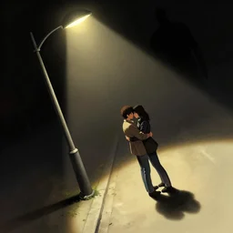 Pulp Noir dynamic dutch angle Twin Peaks movie poster artwork by Tomer Hanuka Rendering of two lovers embrace in the long shadows cast by the streetlight in secret as a dark presence looms, full of details, by Makoto Shinkai and thomas kinkade, Matte painting, trending on artstation and unreal engine