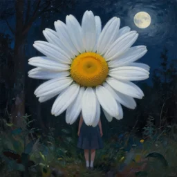 giant daisy flower as face, girl standing in forest, surreal photography, dark night, stars, moon light, impressionist painting, clouds, digital painting, artstation, simon stalenhag