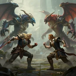 hyperrealism fantasy creatures fight scene with characters from league of legends portrait, anthony van dyck, digital art, wallpaper of an fantasy fight, background of sci fi city in fog, diffused lighting, extremely detailed, 8 k, sharp, trending dop hdr