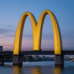 a bridge in the shape of the mcdonalds logo, at dusk, fantasy, detailed, photo realistic art by artgerm and greg rutkowski and alphonse mucha