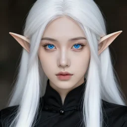 a beautiful picture, sexy fantasy elf. professionally retouched, soft lighting, black clothing, realistic, smooth face, perfect blue eyes, long beautiful straight white hair, wide angle, sharp focus on the eyes, 8 k high, definition, insanely detailed, intricate, elegant, art by artgerm and wlop