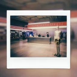 polaroid photograph of an empty blockbuster store, retrofuturist liminal space, familiar place, mannequin, black mold, amateur, unreal engine, photorealistic, trending on artstation