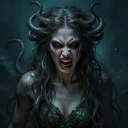 medusa. goddess of anger. long hair. atmospheric moody lighting. scary. highly detailed digital painting by greg rutkowski. sharp focus, 8 k.