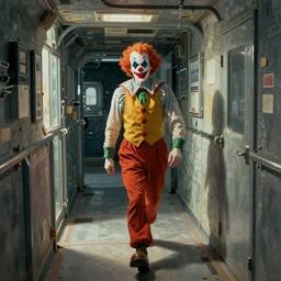 A clown walking in the hallways of a space station, art by James Gilleard, James Gilleard artwork, vintage