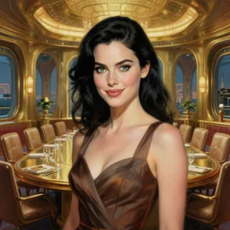beautiful woman with black hair and green eyes, smirking. clear, detailed face, she is wearing a cocktail dress. she is in a conference room of the atlantis paradise, a retro futuristic spaceship made of brass, art deco influence, hotel style design. painting by artgerm and greg rutkowski.