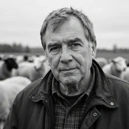 A hyper-realistic black and white photograph taken with a 50mm 1.4 lens of Jean Charest with sheep hair