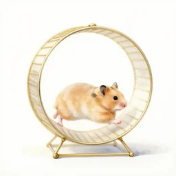 serene hamster running in a hamster wheel, healing through motion, life, minimalistic golden and ink airbrush painting on white background, pristine dream