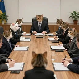 photo of a board meeting of cats in suits. Highly detailed 8k. Intricate. Sony a7r iv 55mm. Stock photo.