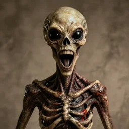 humanoid with crooked teeth, two shallow black eyes, long open black mouth, alien looking, big forehead, horrifying, killer, creepy, sepia tint, long open black mouth, dead, looking straight into camera, realistic, slightly red, long neck, boney, monster, tall, skinny, skullish, big forehead, deathly, in the style of alfred kubin