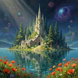 abandoned by jean - baptiste - camille corot, tundra architecture island vice city at summer poppy elysian myst lake tron synthwave forest rainforest neptune alien universe lightpaint sunlight steampunk nightsky magic realism landscape water, archdaily, wallpaper, highly detailed, trending on artstation.