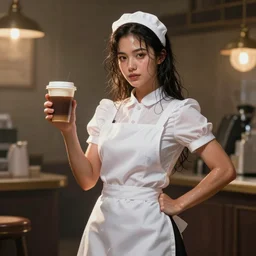 an cute waitress in a white dress and short sleeves holding coffee, muscular, sweaty skin, wet flowing hair, beauty, broad light, ambient occlusion, volumetric light effect, made by ivan aivazovsky, peter mohrbacher, greg rutkowski, matte painting, trending on artstation, 4 k, perfectly defined features, digital painting, cinematic, epic, highly detailed,