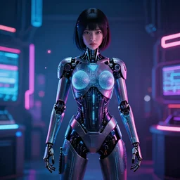 full body portrait photo of japanese model cyborg with digital led skin, neon lighting, techno neon projector background, portrait photo, intricate details, ultra realistic, unreal engine 5, depth of field, bokeh, octane render, 8 k hd
