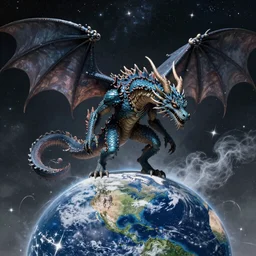 an alien dragon demigod descending from the cosmos to consume the earth, by dan seagrave art