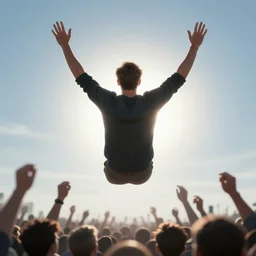 backlit geert wilders floating above a crowd and raising both his arms
