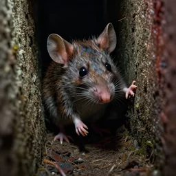 cinematic colorful horror artwork by artgerm, beksinski, mark brooks, stephen king ; real life full portrait of ugly furry mouse inside hidden narrow passage inside wall sloping downwards ; macro scale ; dark ominous scary, 8 k hdr, creepy intricate ; volumetric dramatic lighting, insanely detailed, haunting