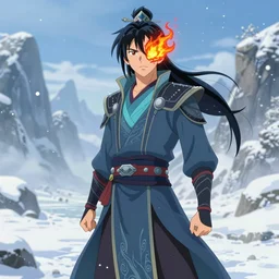 A Prince Zuko, if he had Ice Powers, standing in a snowy vista. Thematic Costume. Fire-Scar over one eye. Anime style drawn by Michael Dante DiMartino and Bryan Konietzko. 4K HD Wallpaper, Premium Prints Available.