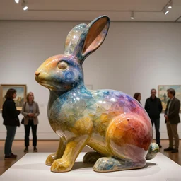 overview of massive polished smooth clay sculpture of a mythic rabbit animal by beth cavener in a museum. stunning colourful intriguing. painted color gradient fading. sub scattering. eyes specular highlight. with help of ellen jewett, beth cavener, sayaka ganz, edouard martinet, john o'reilly and judith klausner. promotional picture