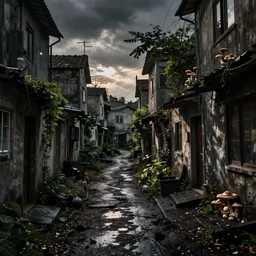 dark, dingy, wet, cramped, rural city, street run down, overgrown with mushrooms