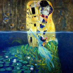a beautiful effervescent lake with lillies, an underwater goddess climbs the sea kelp to reach the surface by edward hopper, klimt gothic, where the wild things are