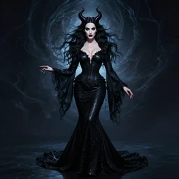 style of stephanie law : : gorgeous willa holland : : evil witch, swirling black magic, black dress : : symmetrical face, symmetrical eyes : : full body pose : : gorgeous black hair : : magic lighting, low spacial lighting : :