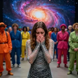 an anxious woman wrapped in wire, surrounded by a crowd of colorfully dressed people, a background of exploding nebulas, by mike davis