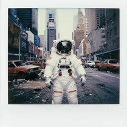 american white spacesuit astronaut with oversized helmet in postapocalyptic abandoned destroyed times square, wrecked buildings, destroyed flipped wrecked cars, giant crater in distance, polaroid photo, vintage, neutral colors, rainy day, by gregory crewdson