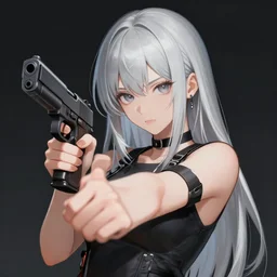 girl silver hair, holding a gun, trending on artstation, illustration by Yoji Shinkawa